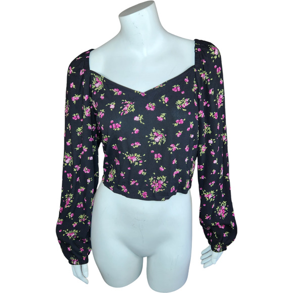 Vero Moda Womens Medium VMANNA Long Sleeve Crop Top Black Pink Floral Smock NWT - Picture 1 of 16